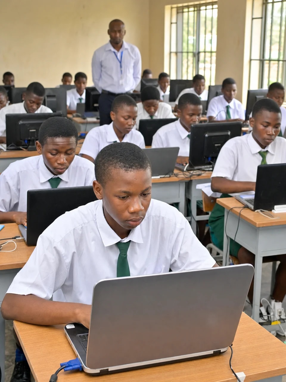 African secondary school students in a CBT exam hall with computers