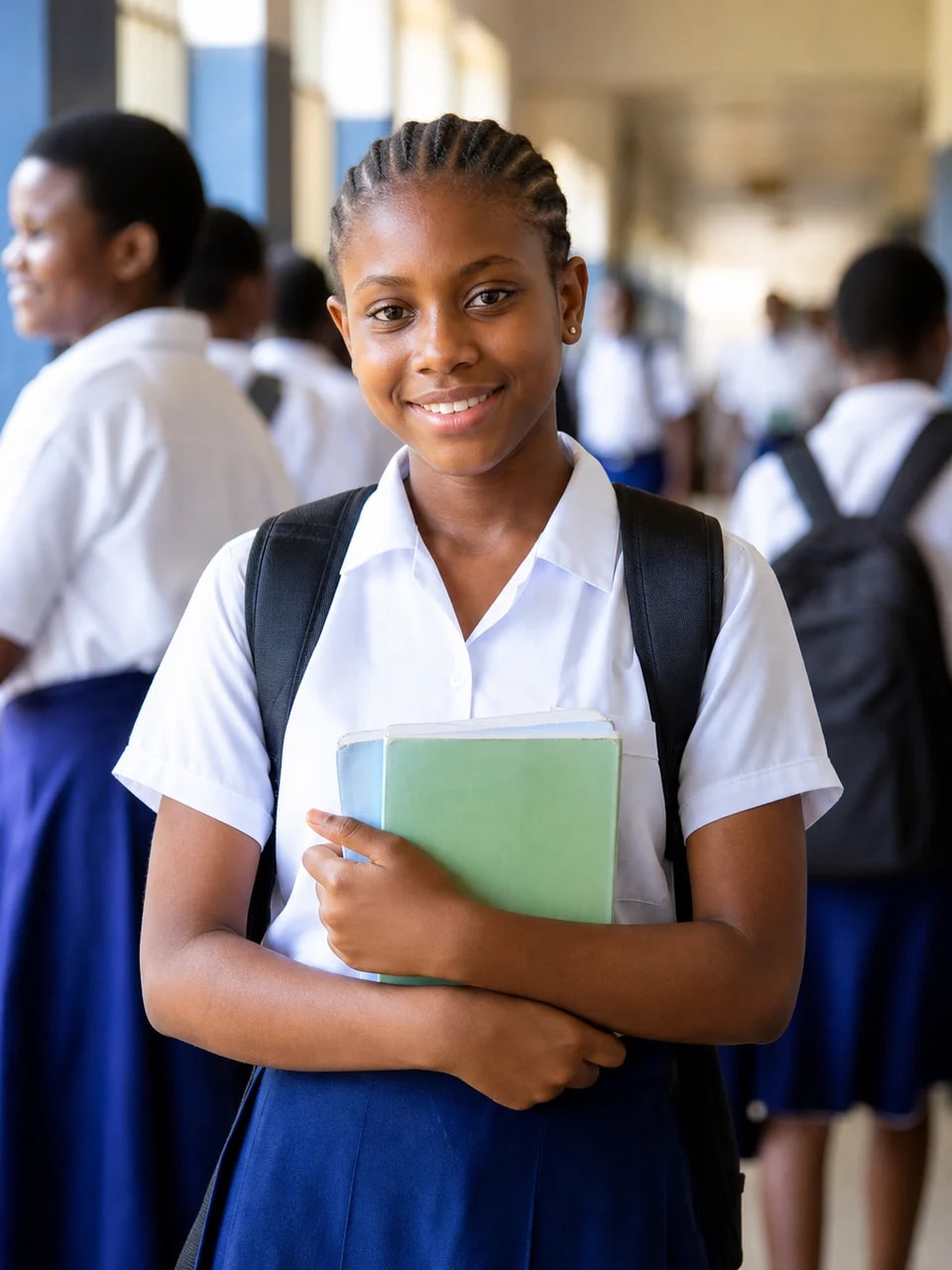 African secondary school students in a school corridor